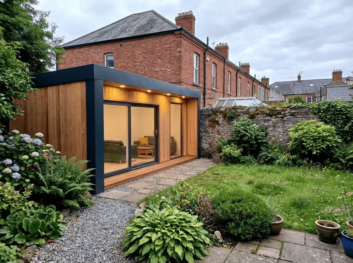 The Residence exterior — cedar cladding, full garden setting, landscaped patio
