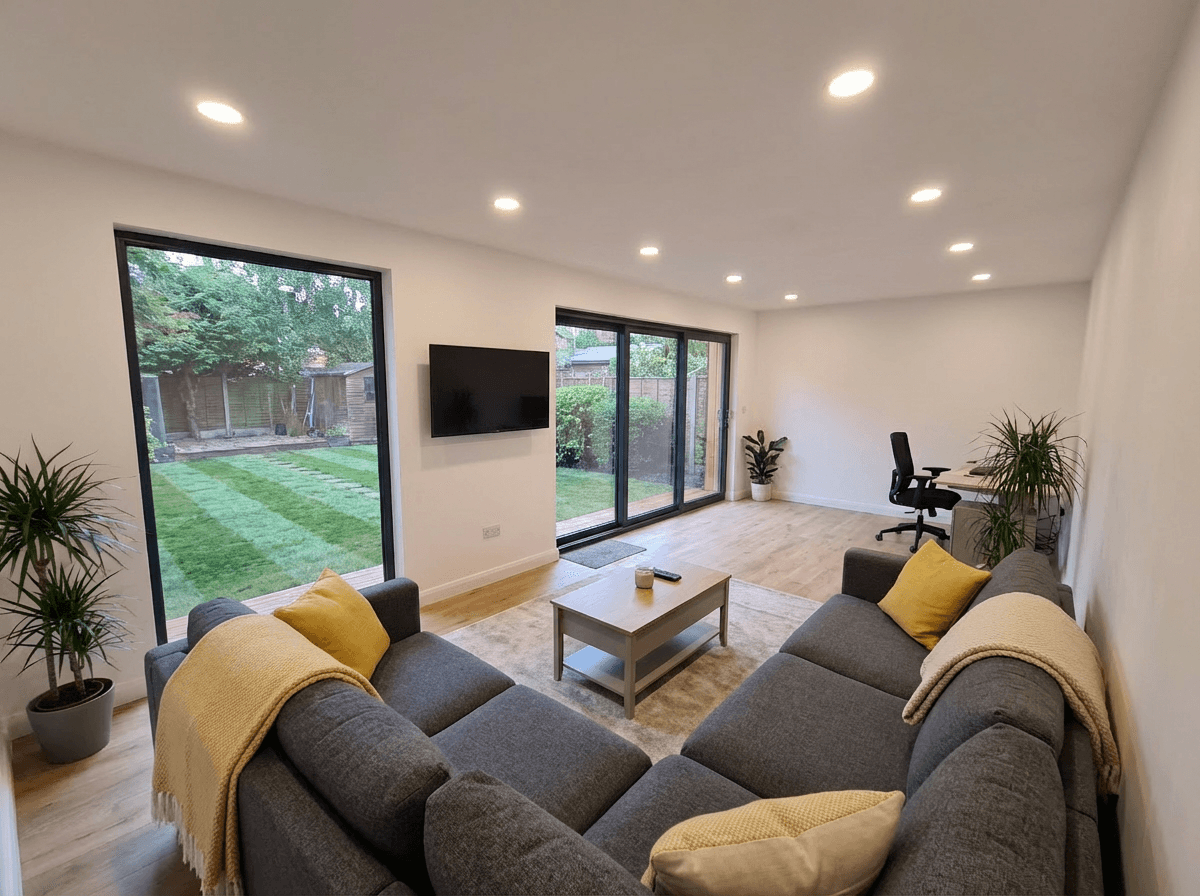 Wicklow residence interior — open living space with full-width glazing