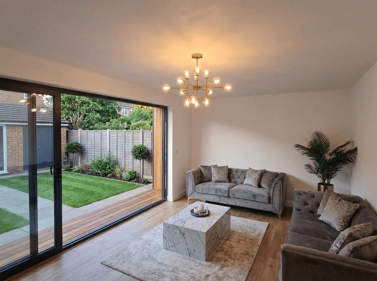 Ranelagh studio interior — living space with bi-fold doors to garden