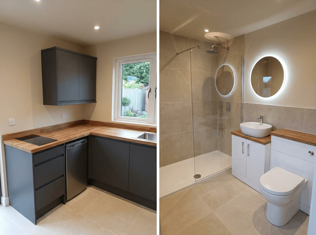 Ranelagh studio interior — kitchen and wet room